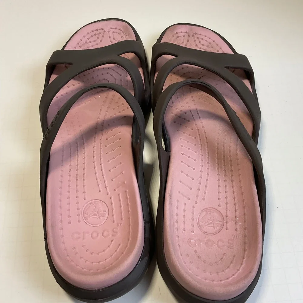 Crocs Meleen Twist Sandals Womens 11 Brown Pink Strappy Comfort Slide Shoes